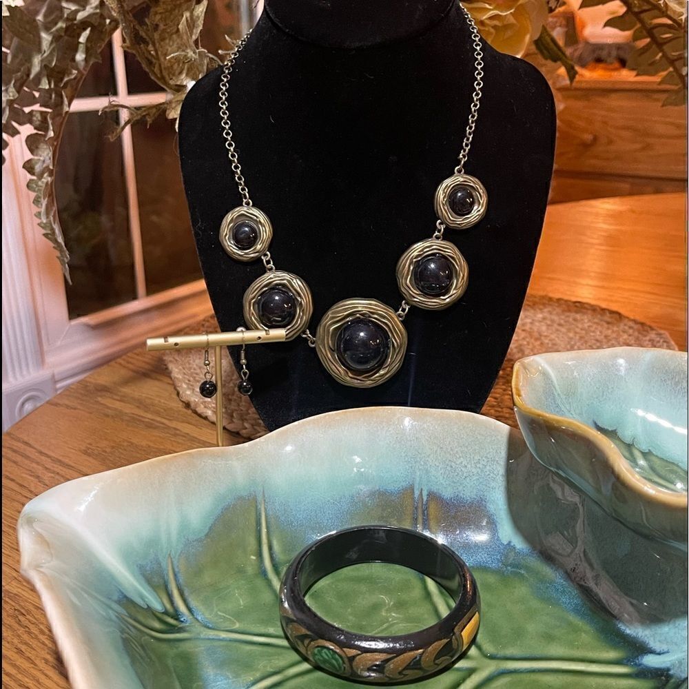 Black Statement Necklace, Earrings & Bracelet